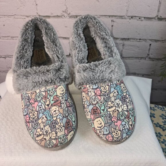 BOB'S BY SKECHERS MEMORY FOAM SLIPPERS TOO COZY PUPPY DOGS FACES FAUX FUR SIZE 6 - Picture 1 of 7